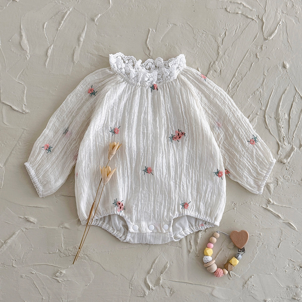 Summer White Romper with Pink Floral Embroidery for Baby Girls