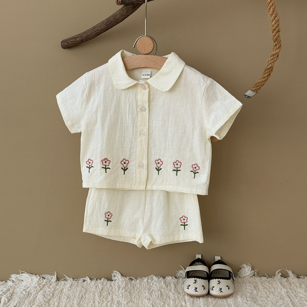 Baby Girl Floral Embroidery Shirt Shorts 2Pcs Outfit