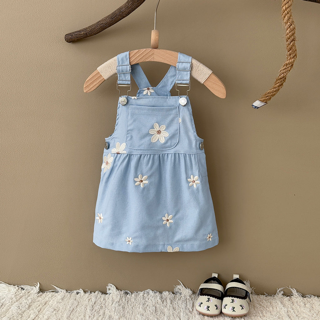 Summer Blue Floral Embroidery Dress for Baby Girls