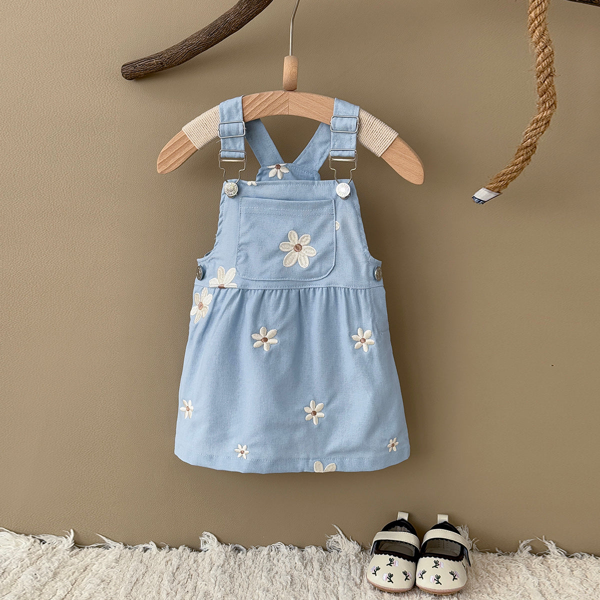 Summer Blue Floral Embroidery Dress for Baby Girls