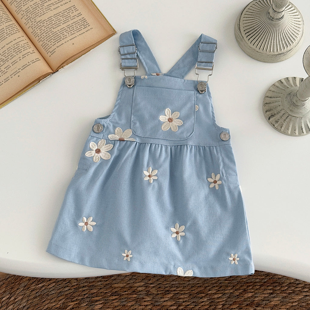 Summer Blue Floral Embroidery Dress for Baby Girls