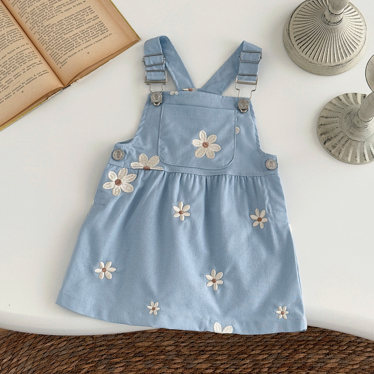 Summer Blue Floral Embroidery Dress for Baby Girls