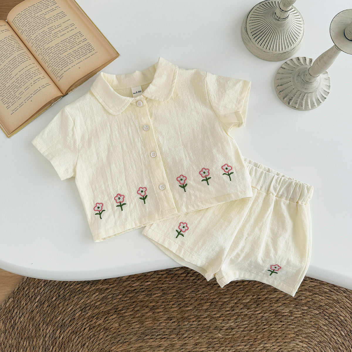 Baby Girl Floral Embroidery Shirt Shorts 2Pcs Outfit