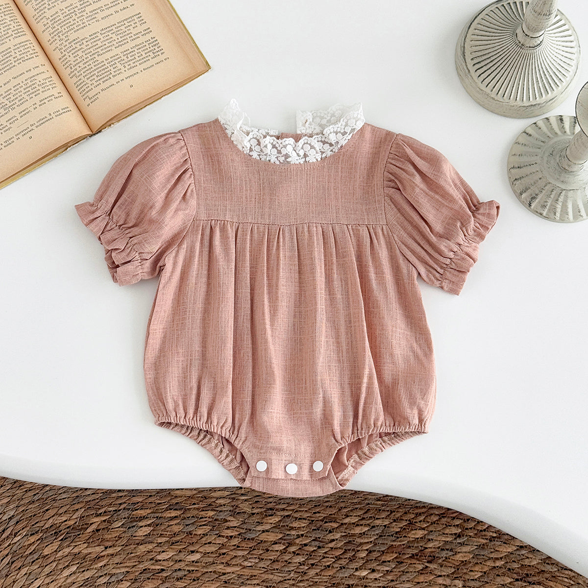 Summer Pink Lace Collar Romper for Baby Girls