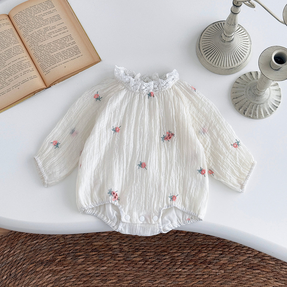 Summer White Romper with Pink Floral Embroidery for Baby Girls
