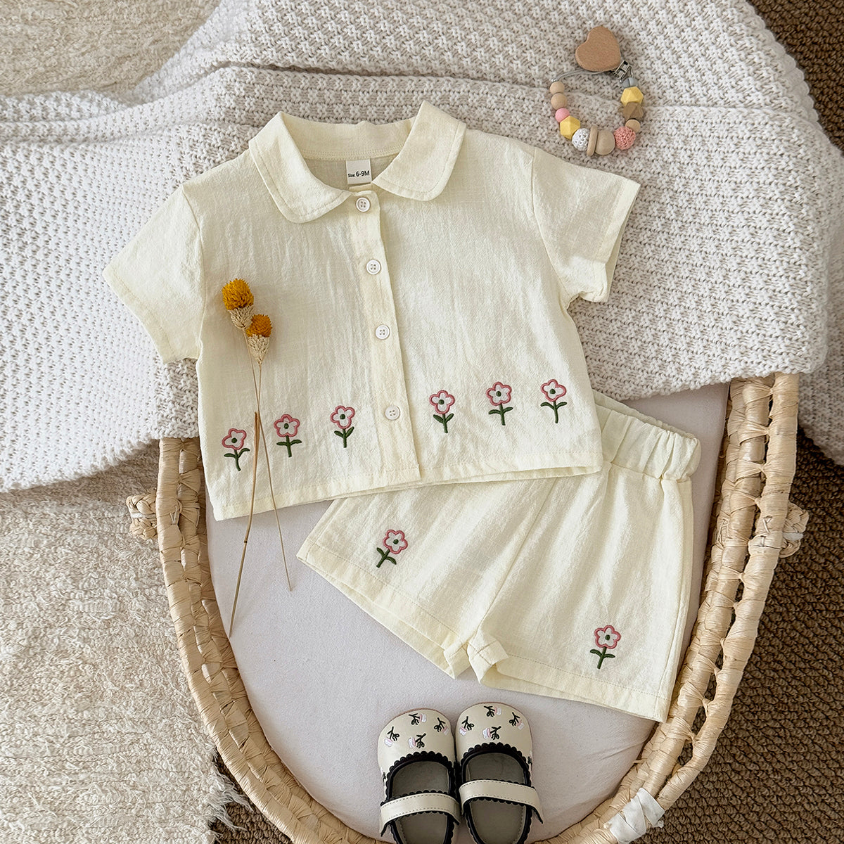Baby Girl Floral Embroidery Shirt Shorts 2Pcs Outfit
