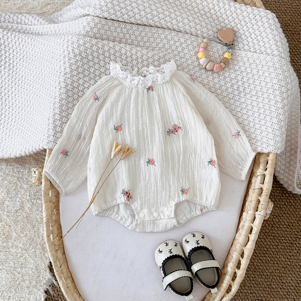 Summer White Romper with Pink Floral Embroidery for Baby Girls