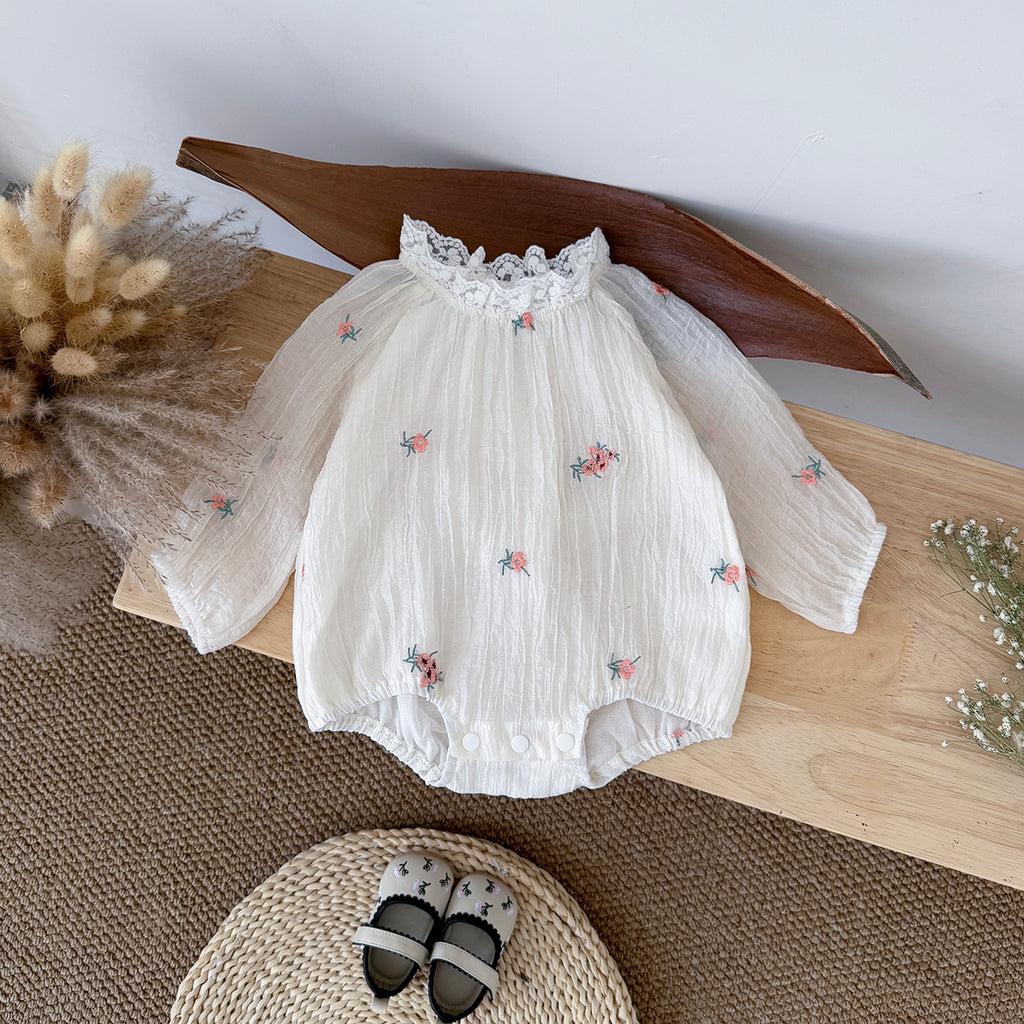 Summer White Romper with Pink Floral Embroidery for Baby Girls
