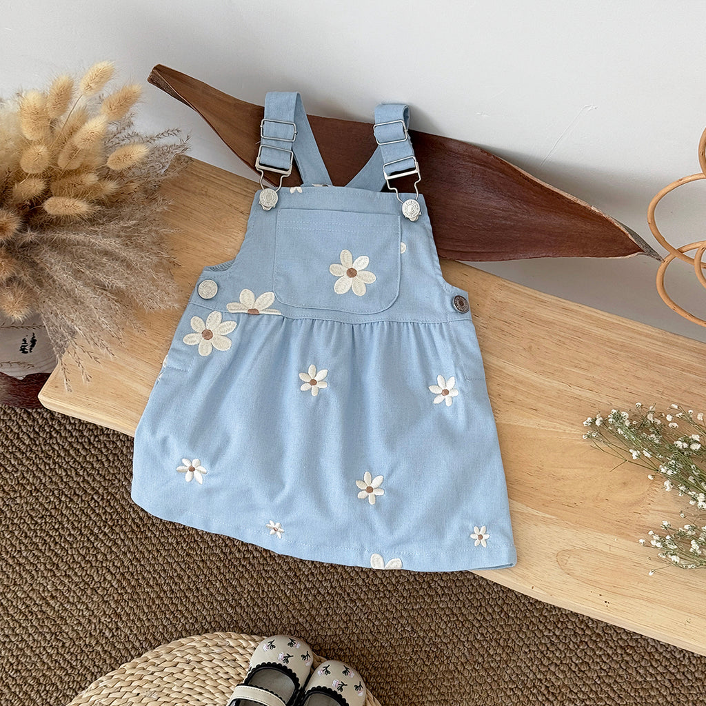 Summer Blue Floral Embroidery Dress for Baby Girls