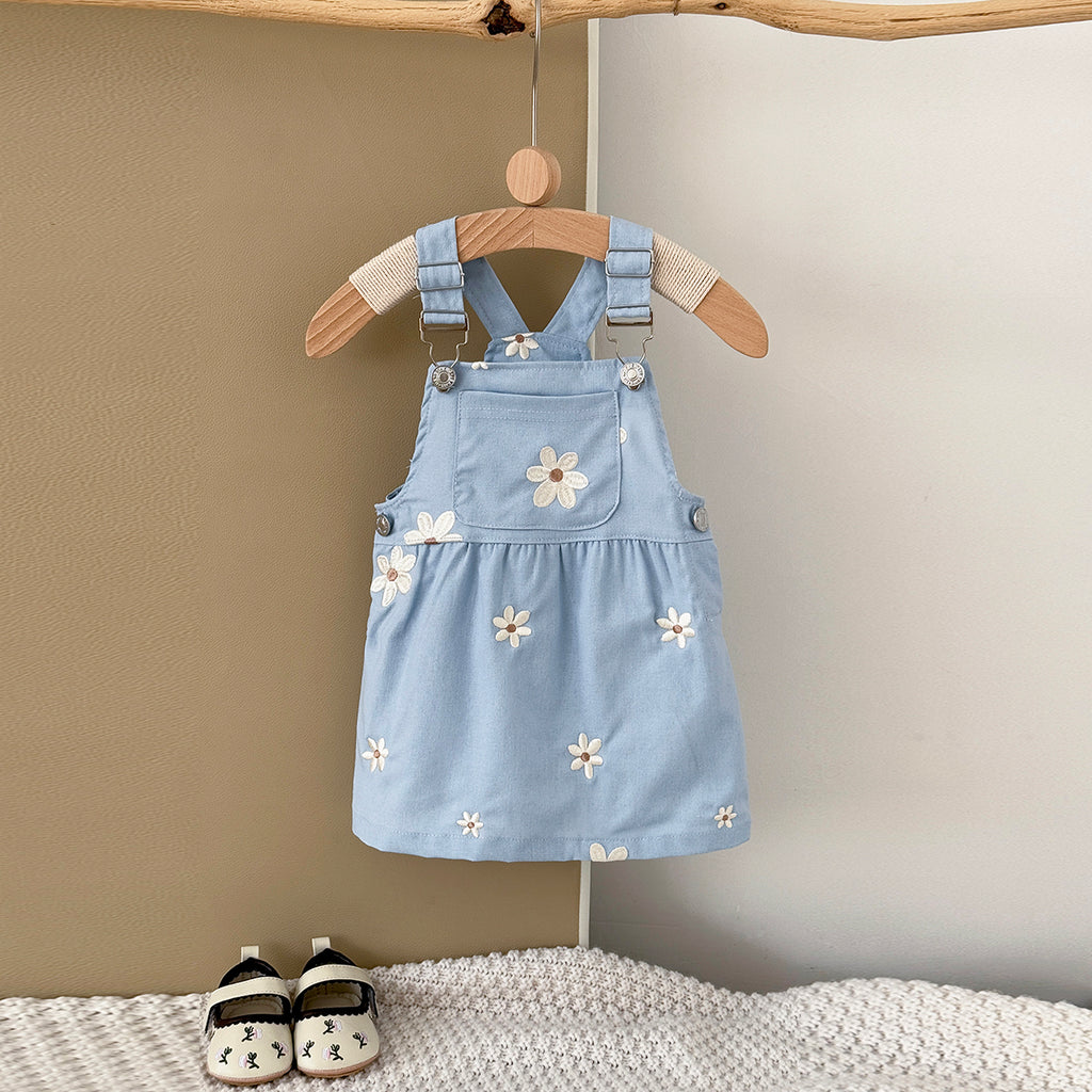 Summer Blue Floral Embroidery Dress for Baby Girls