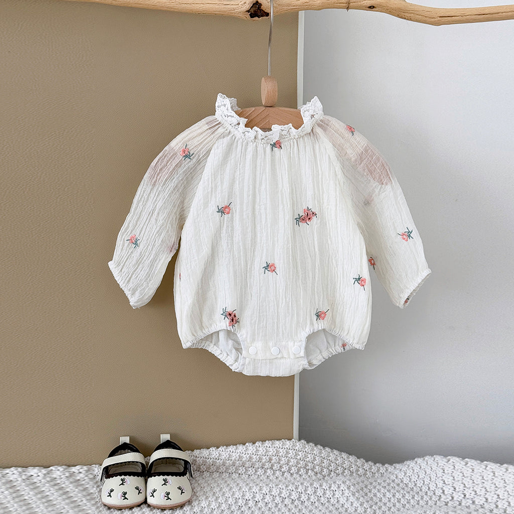Summer White Romper with Pink Floral Embroidery for Baby Girls