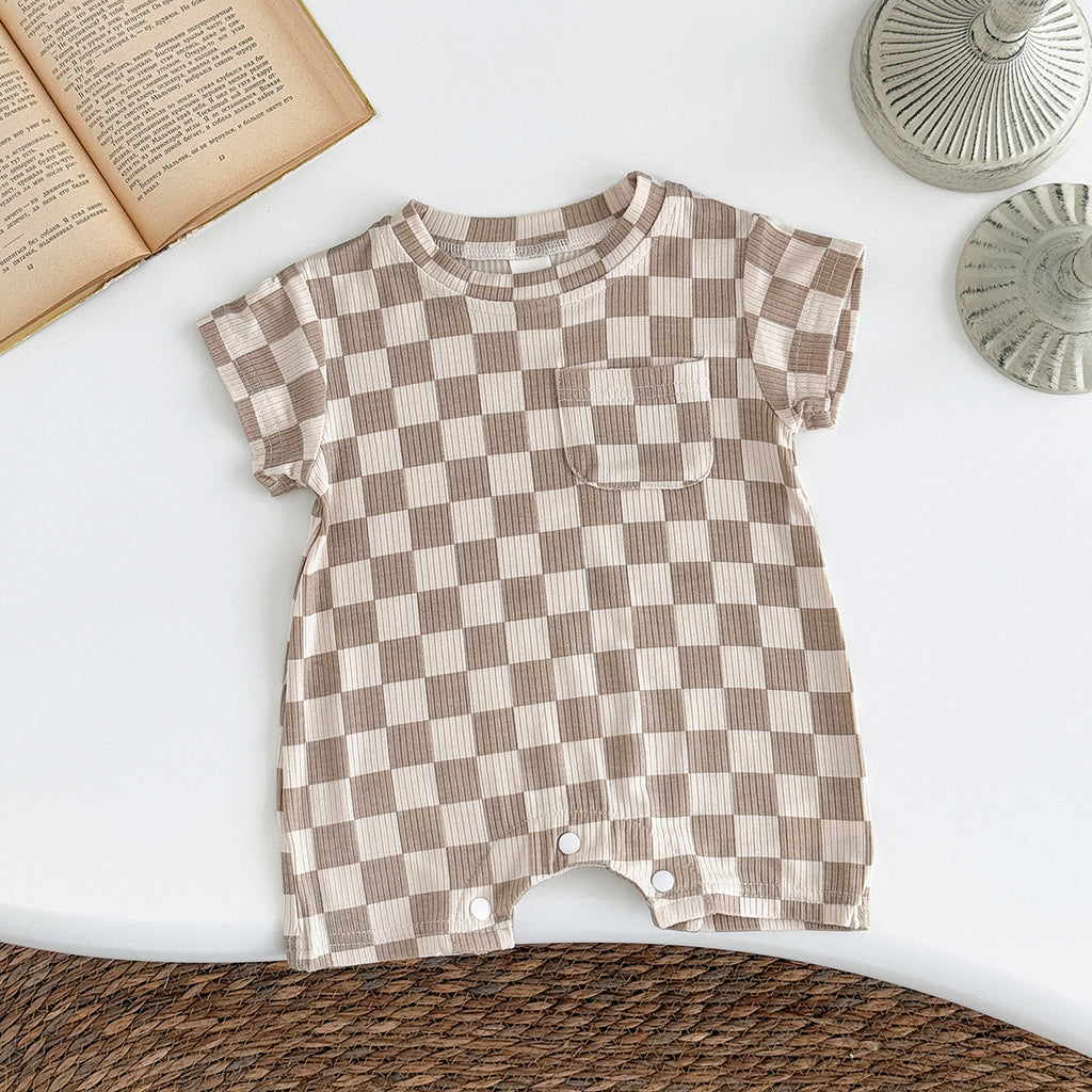 Baby Checkerboard Ribbed Short Sleeve Pocket Romper