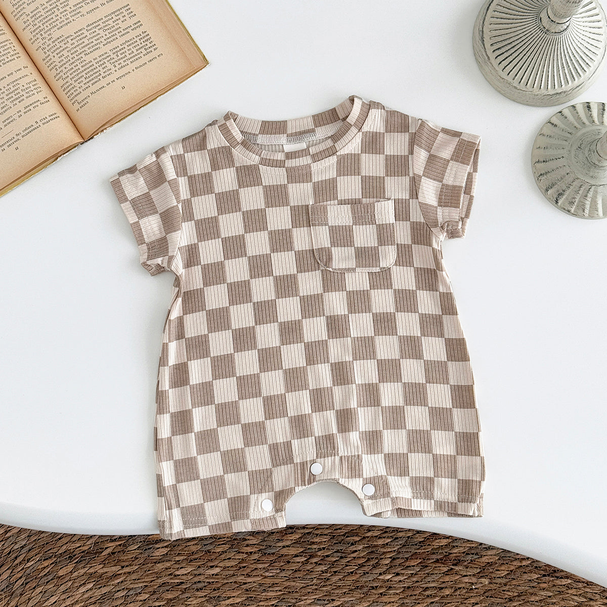 Baby Checkerboard Ribbed Short Sleeve Pocket Romper