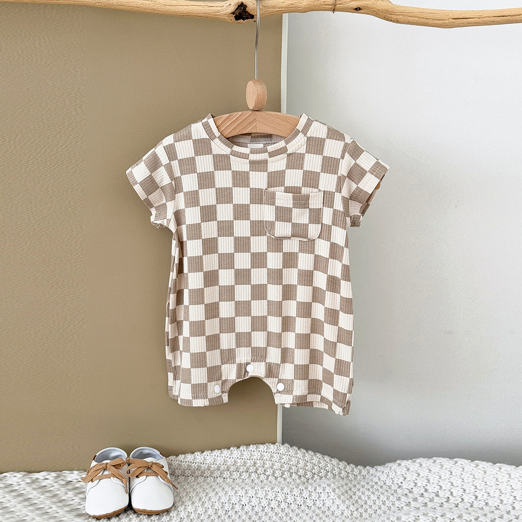 Baby Checkerboard Ribbed Short Sleeve Pocket Romper