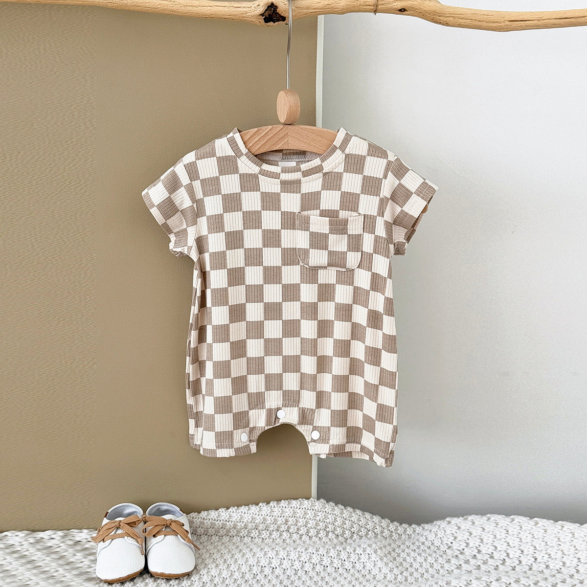 Baby Checkerboard Ribbed Short Sleeve Pocket Romper