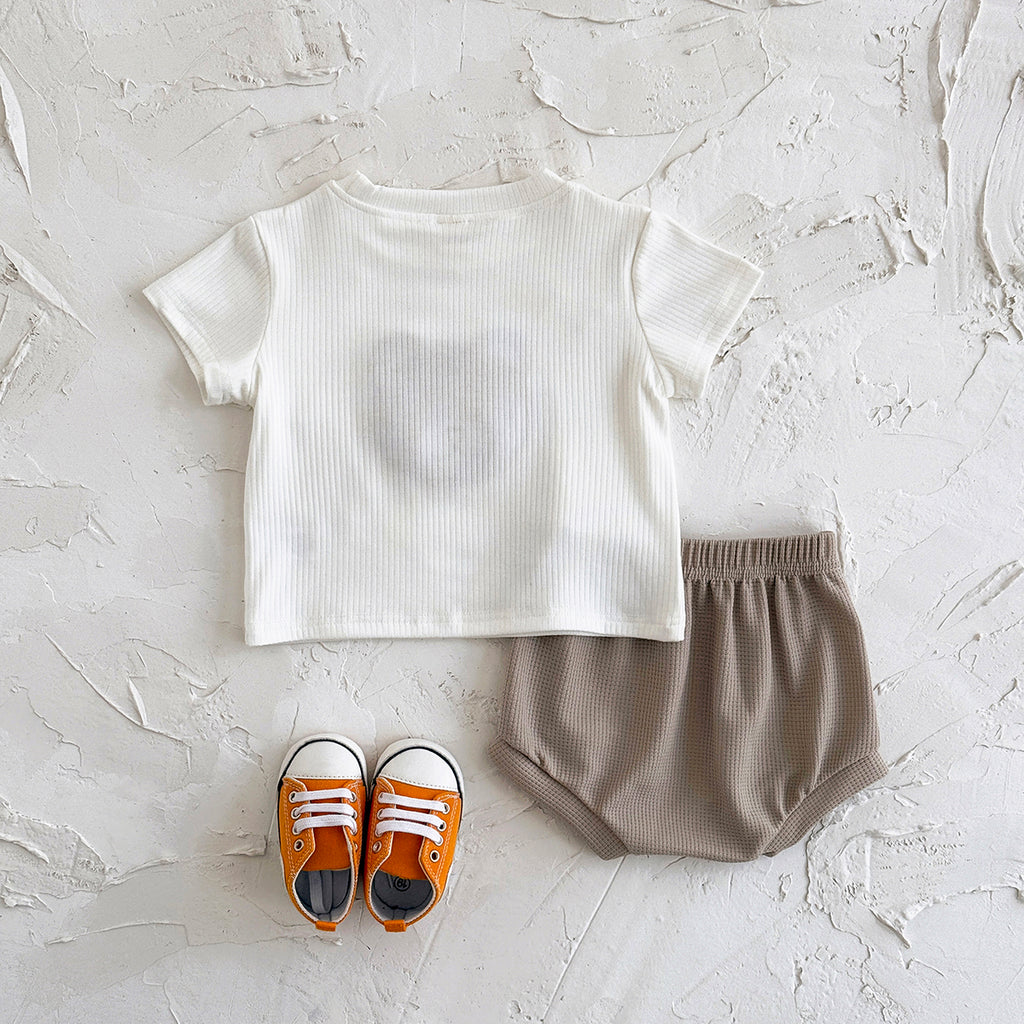 Baby Bear Applique Ribbed Tee & Waffle Shorts Set