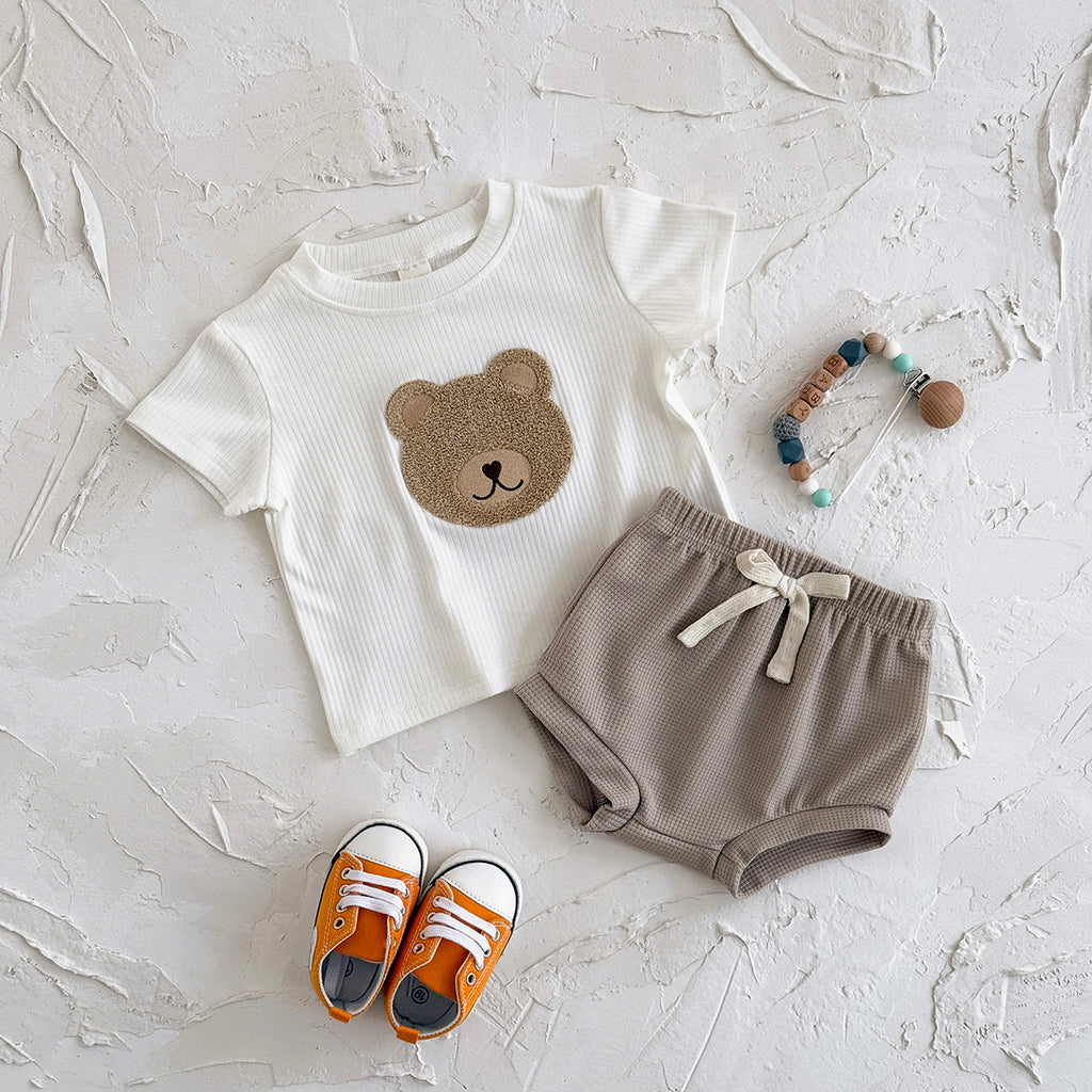 Baby Bear Applique Ribbed Tee & Waffle Shorts Set