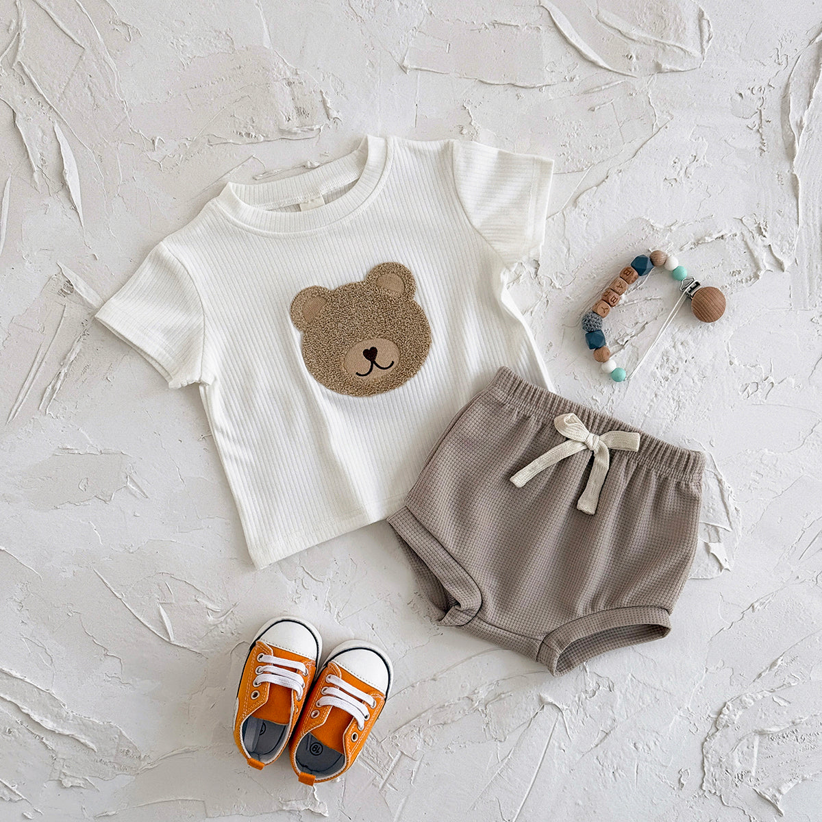 Baby Bear Applique Ribbed Tee & Waffle Shorts Set
