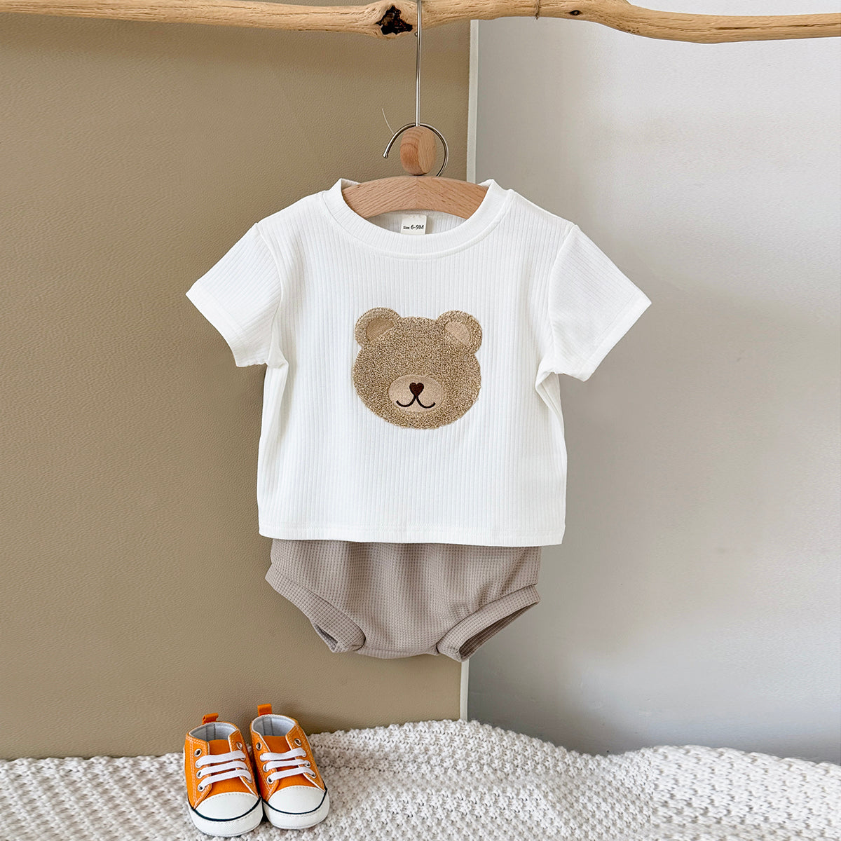 Baby Bear Applique Ribbed Tee & Waffle Shorts Set