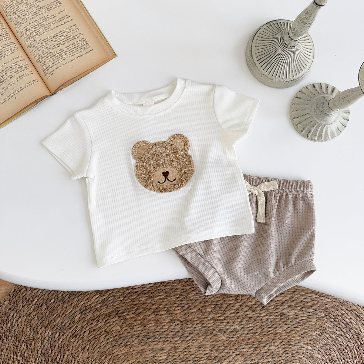 Baby Bear Applique Ribbed Tee & Waffle Shorts Set