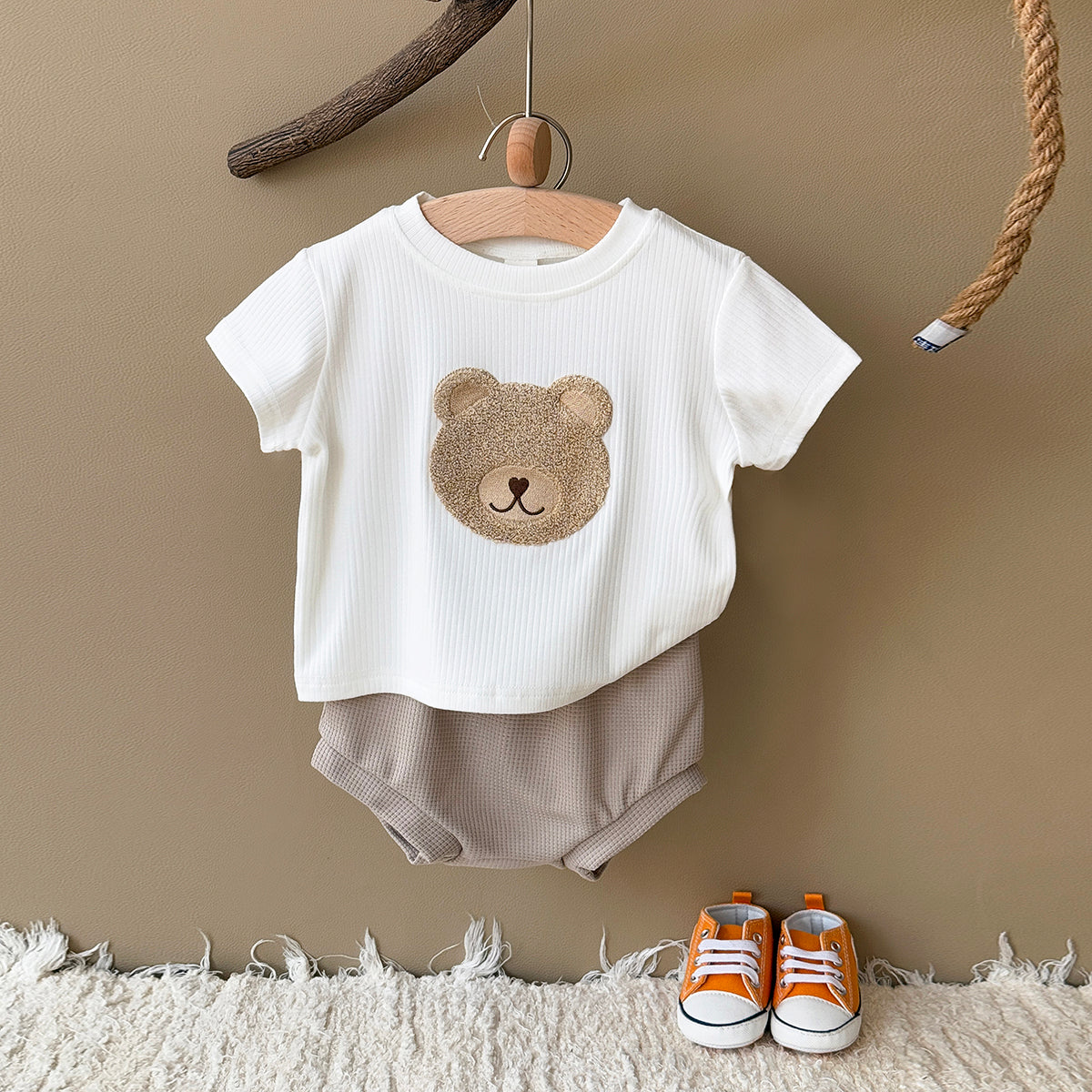 Baby Bear Applique Ribbed Tee & Waffle Shorts Set