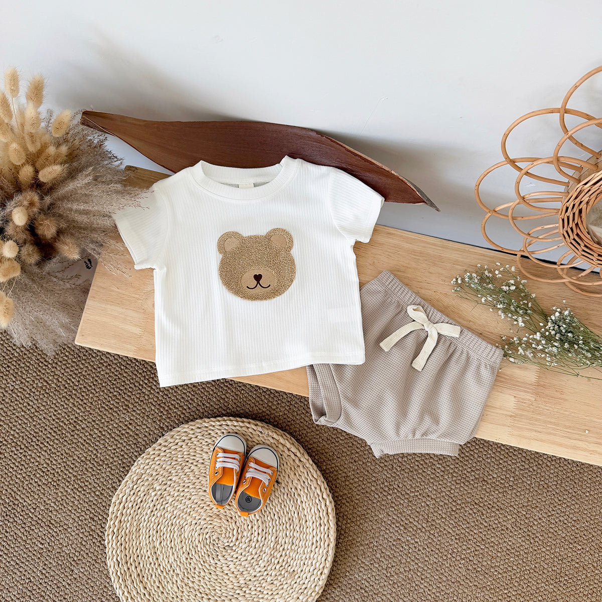Baby Bear Applique Ribbed Tee & Waffle Shorts Set