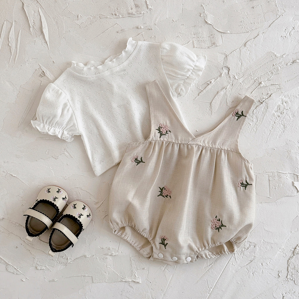 Baby Floral Embroidery Romper & Puff Sleeve Top Set