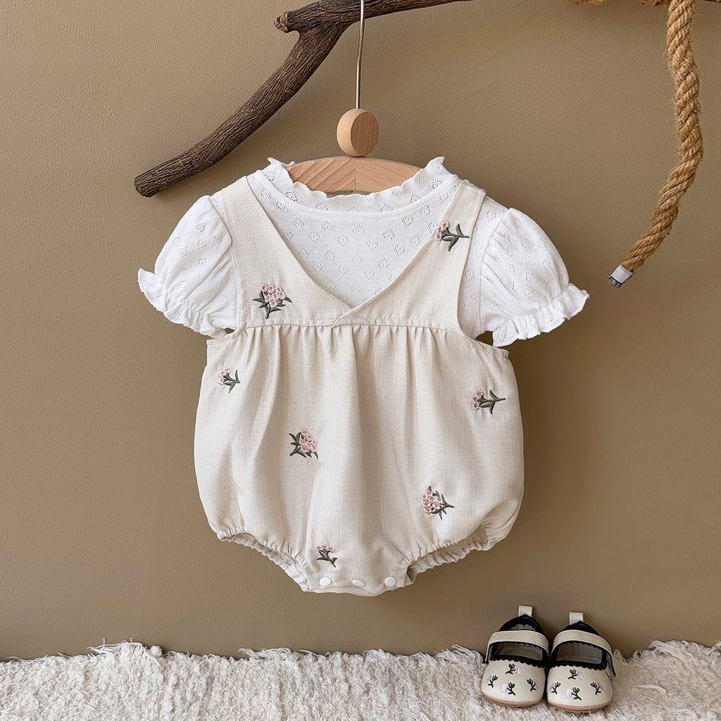 Baby Floral Embroidery Romper & Puff Sleeve Top Set