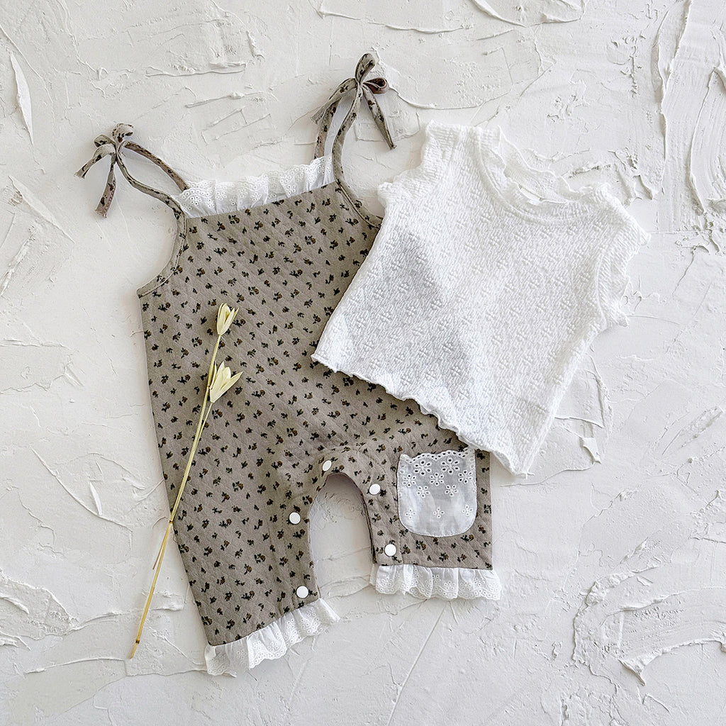 Summer White Top & Brown Floral Overalls Set