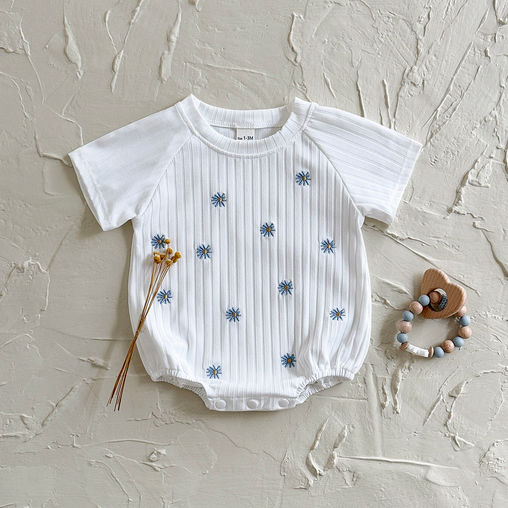 Summer White Romper with Blue Floral Print for Baby Girls
