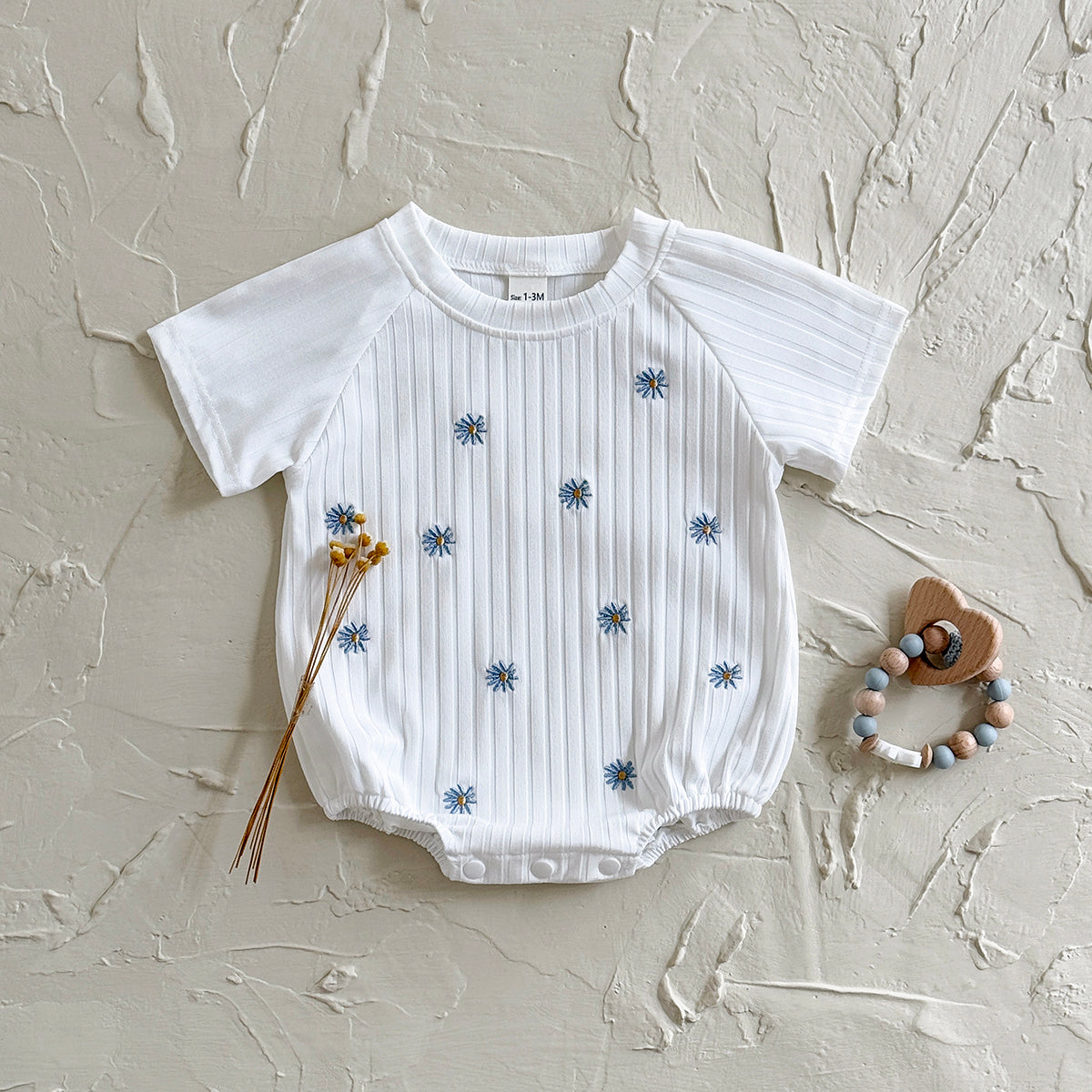 Summer White Romper with Blue Floral Print for Baby Girls