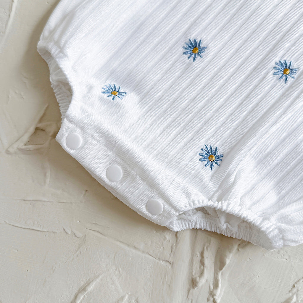 Summer White Romper with Blue Floral Print for Baby Girls