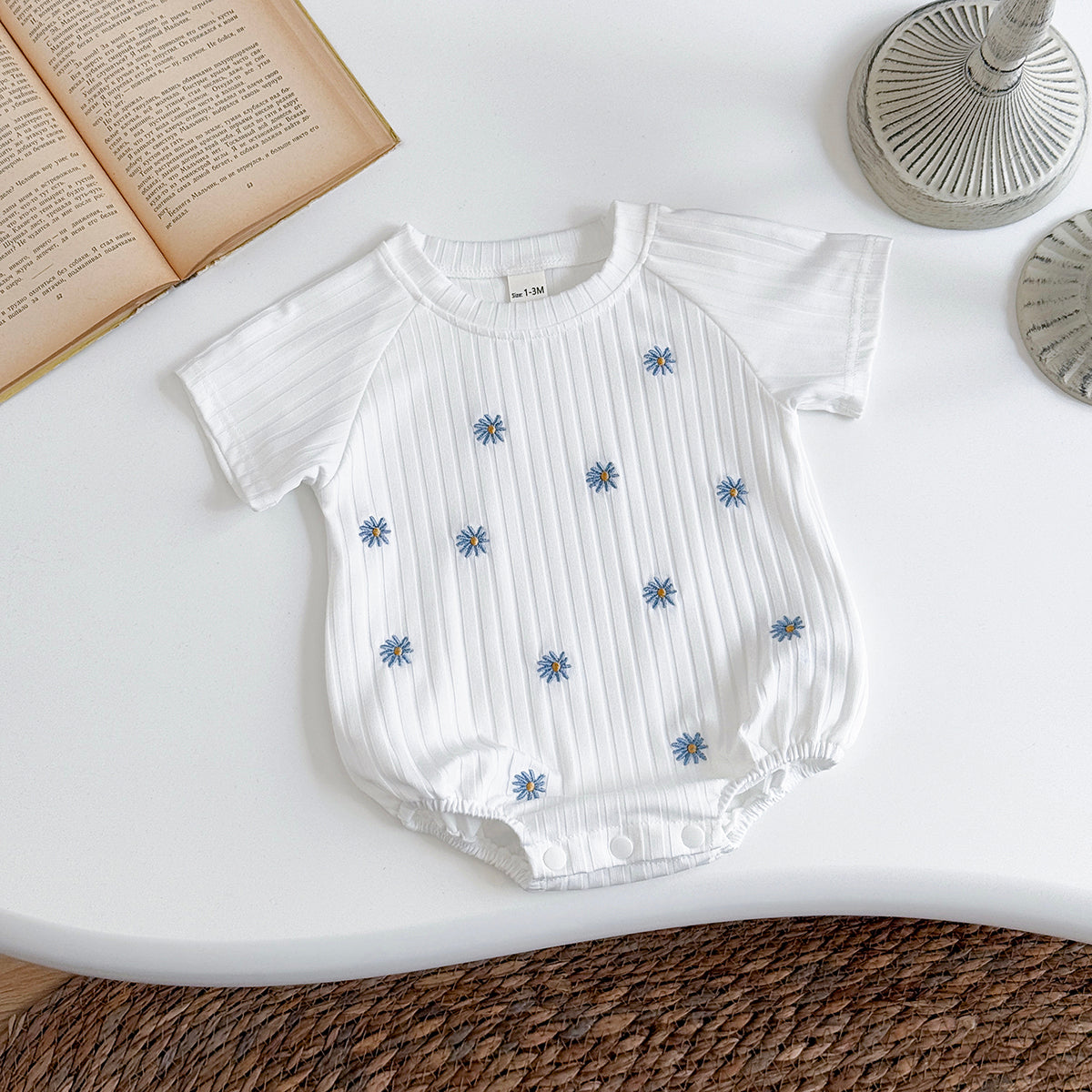 Summer White Romper with Blue Floral Print for Baby Girls