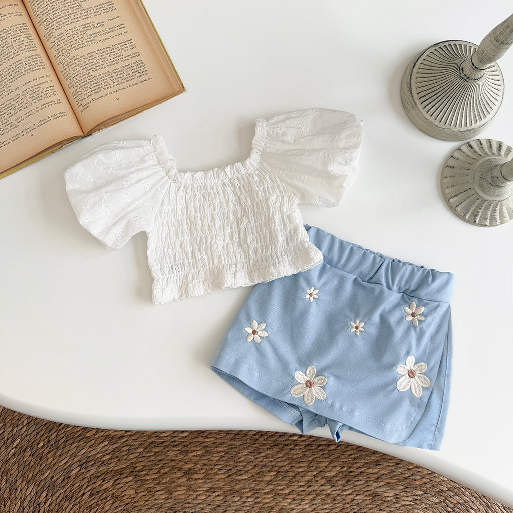 Summer White Embroidery Top & Blue Embroidered Pants
