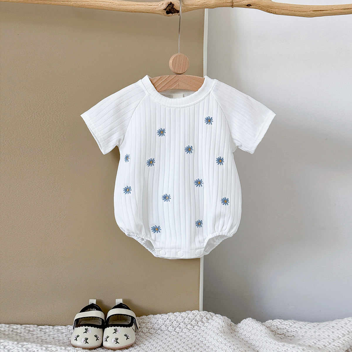 Summer White Romper with Blue Floral Print for Baby Girls