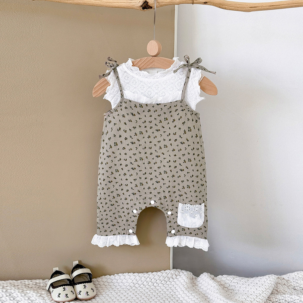 Summer White Top & Brown Floral Overalls Set