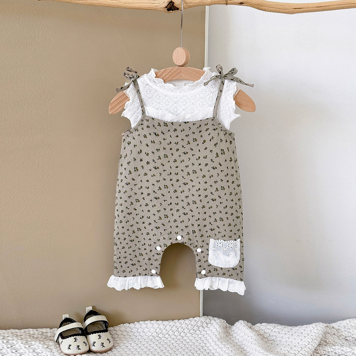 Summer White Top & Brown Floral Overalls Set