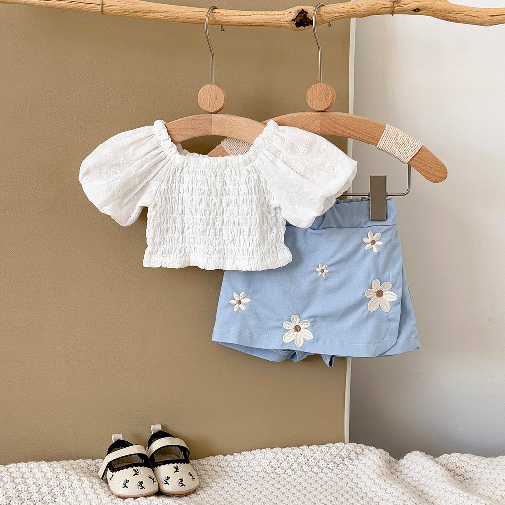 Summer White Embroidery Top & Blue Embroidered Pants