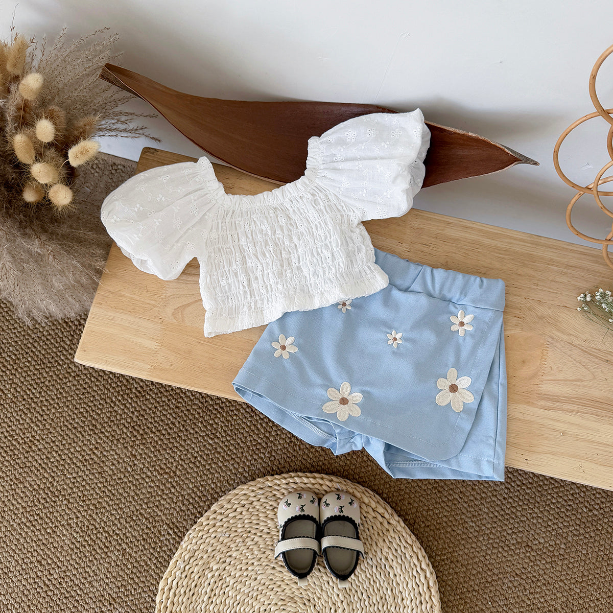 Summer White Embroidery Top & Blue Embroidered Pants