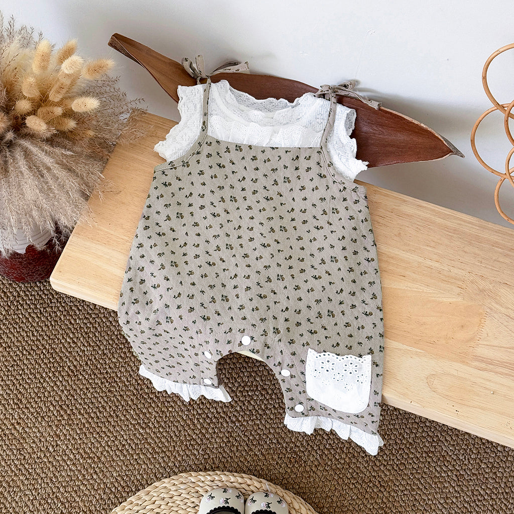 Summer White Top & Brown Floral Overalls Set