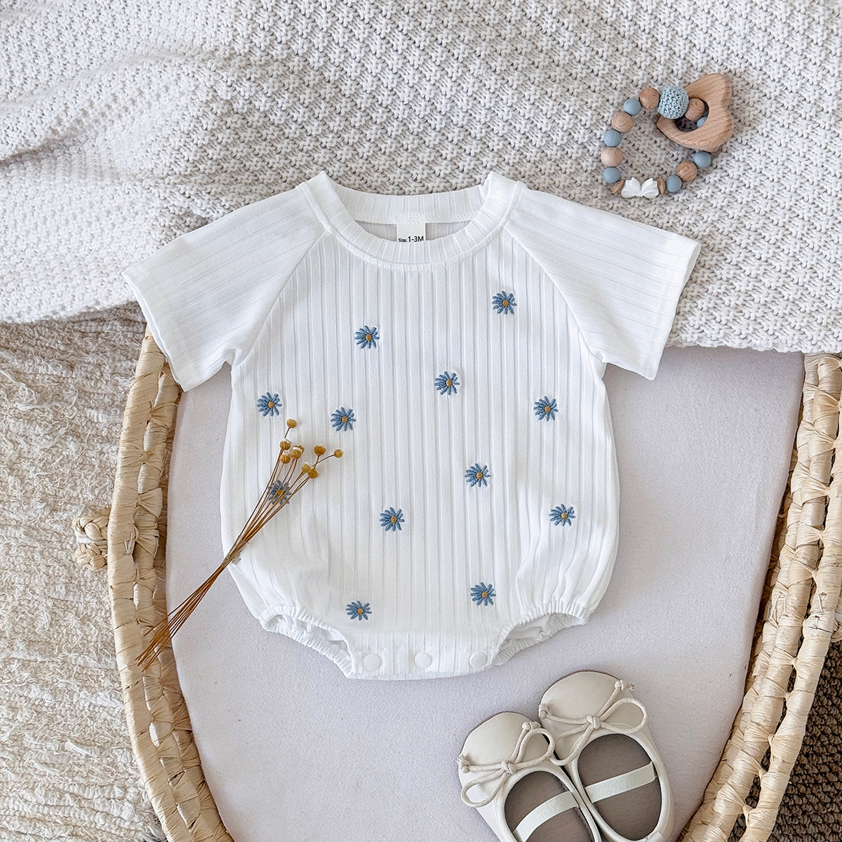 Summer White Romper with Blue Floral Print for Baby Girls