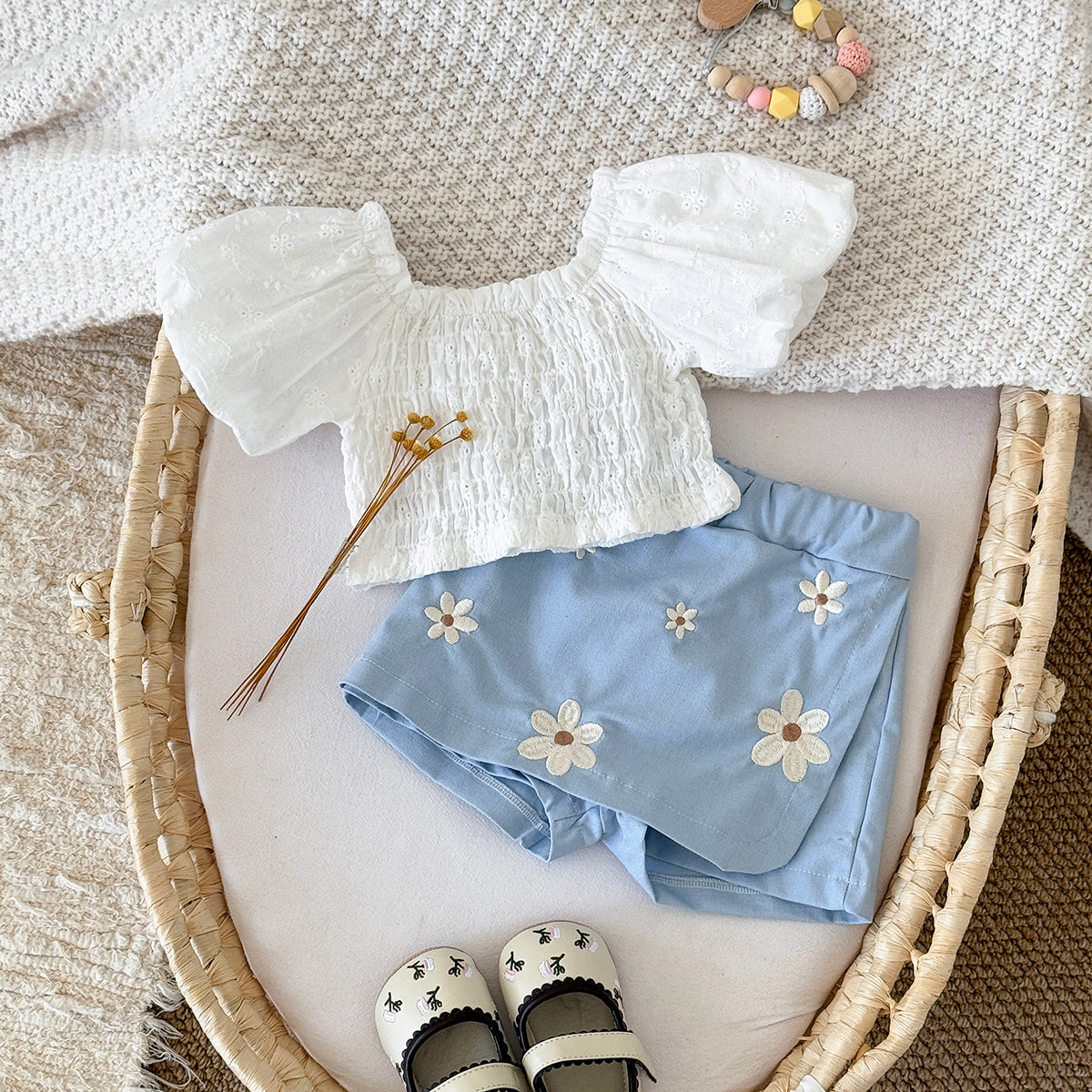 Summer White Embroidery Top & Blue Embroidered Pants