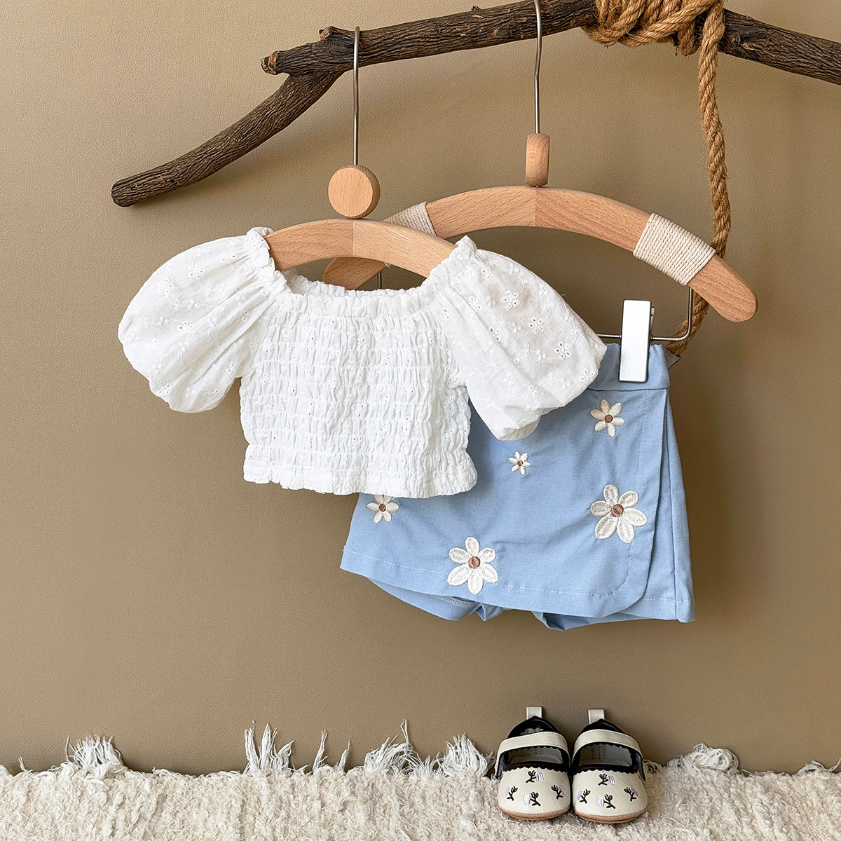 Summer White Embroidery Top & Blue Embroidered Pants