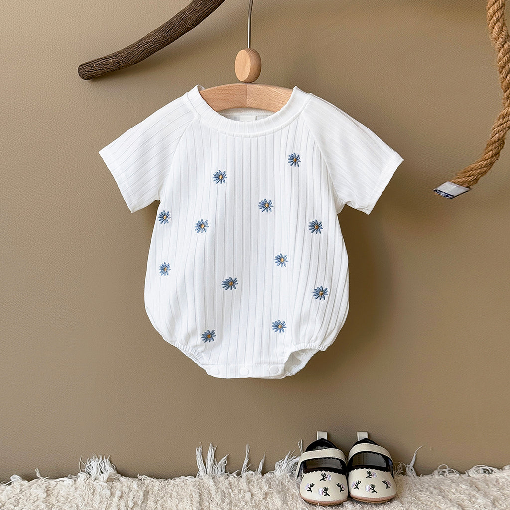 Summer White Romper with Blue Floral Print for Baby Girls