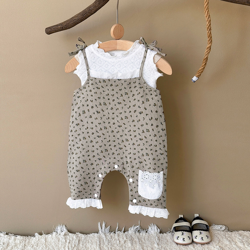 Summer White Top & Brown Floral Overalls Set
