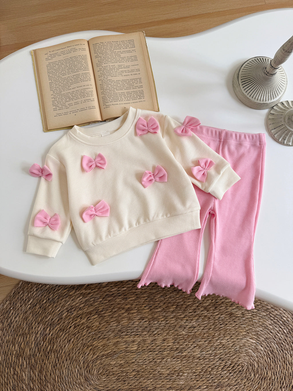 Baby Girl Pink Bow Long Sleeve Top and Flared Pants 2-Piece Set