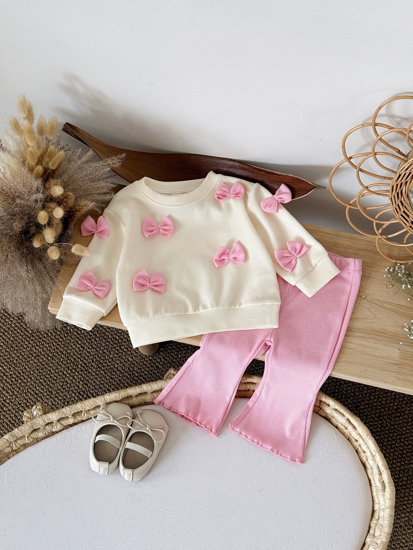 Baby Girl Pink Bow Long Sleeve Top and Flared Pants 2-Piece Set