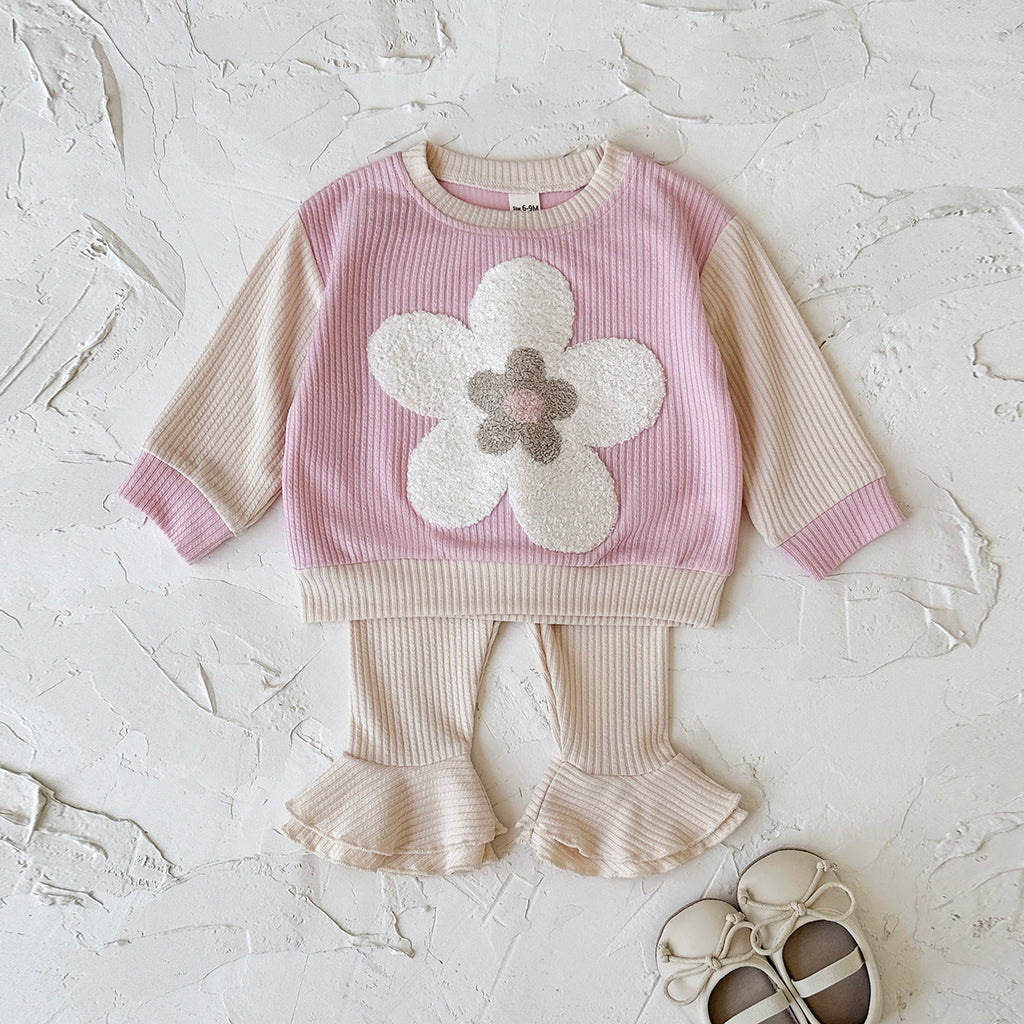 Baby Girl 3D Flower Embroidered Ribbed Long Sleeve Top and Ruffle Flared Pants Set Autumn 0-3 Years Old