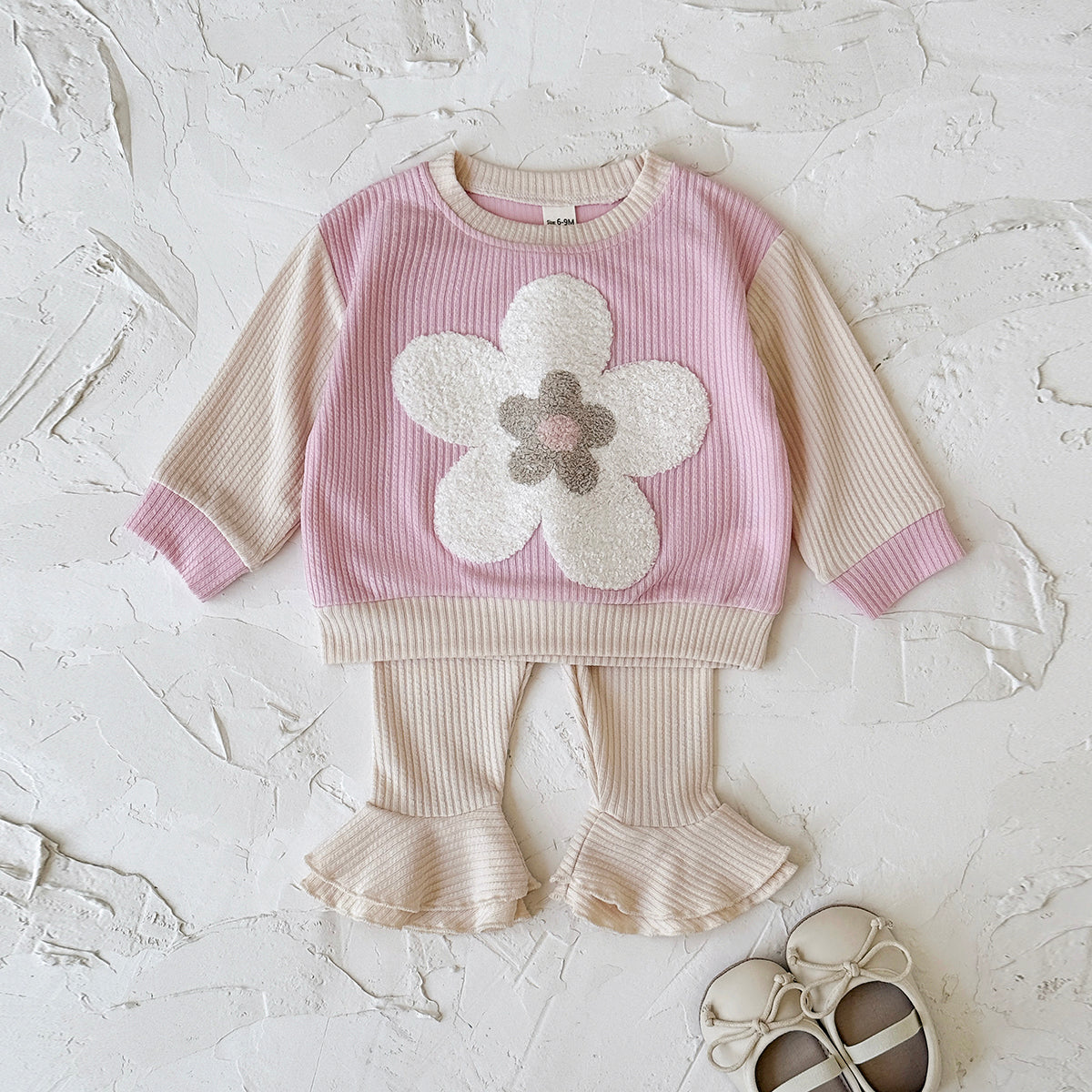 Baby Girl 3D Flower Embroidered Ribbed Long Sleeve Top and Ruffle Flared Pants Set Autumn 0-3 Years Old