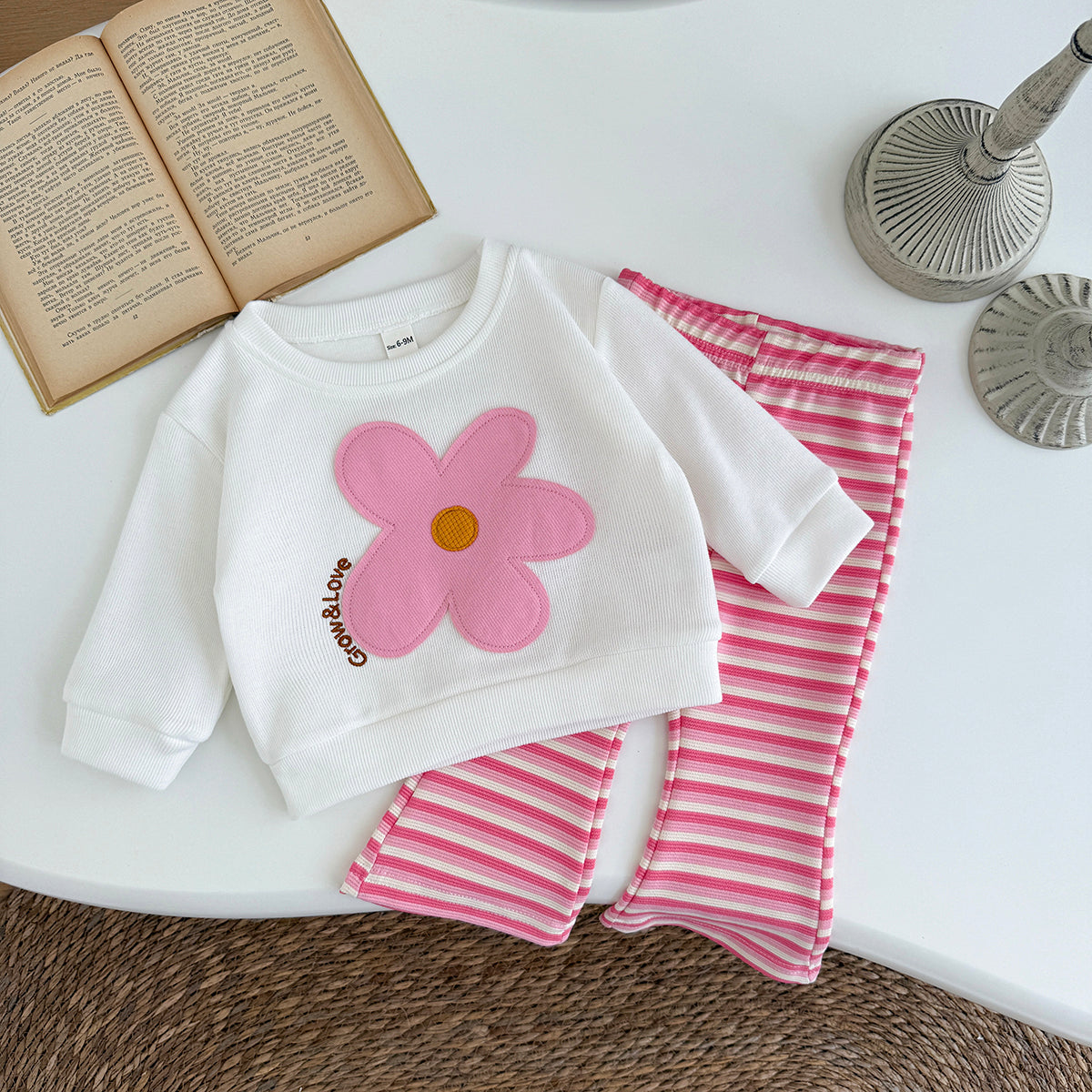 Baby Girl Applique Embroidered Long Sleeve Top and Pants Set Spring Autumn 0-3 Years Old